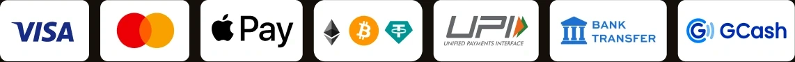 Visa, Mastercard, Apple Pay, crypto, UPI, bank transfer and GCash
